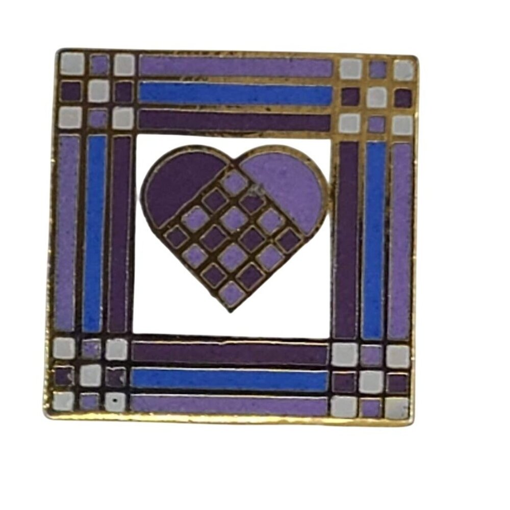 Vintage And Sew On Lapel Pin Quilt Block Geometric Quilting Square Heart Purple